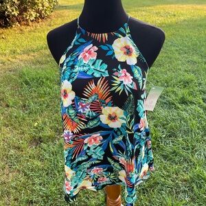 Maurice’s Women’s spaghetti strap tank top. Floral tropical black background